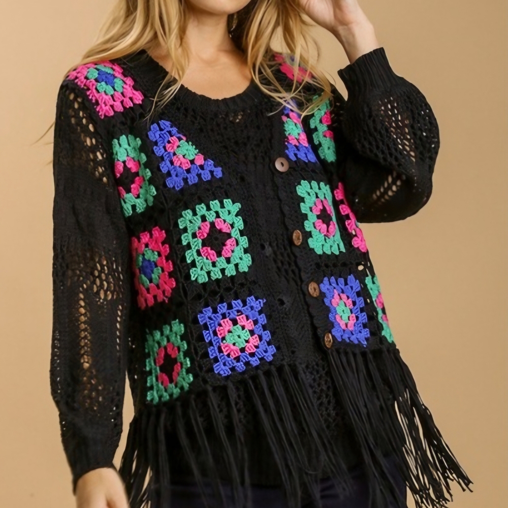 Umgee Black Crochet Cardigan with Multicolor Pattern Trimmed With Fringe
